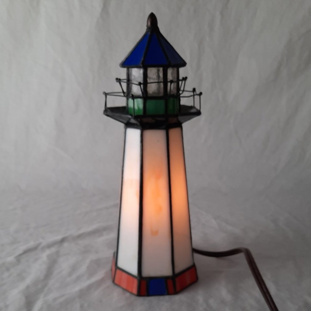 Vintage Tiffany-Stained Glass Blue, Red, Green Light House - 9.75" tall